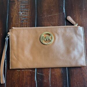 Michael Kors Brown Leather Wristlet with Gold Logo